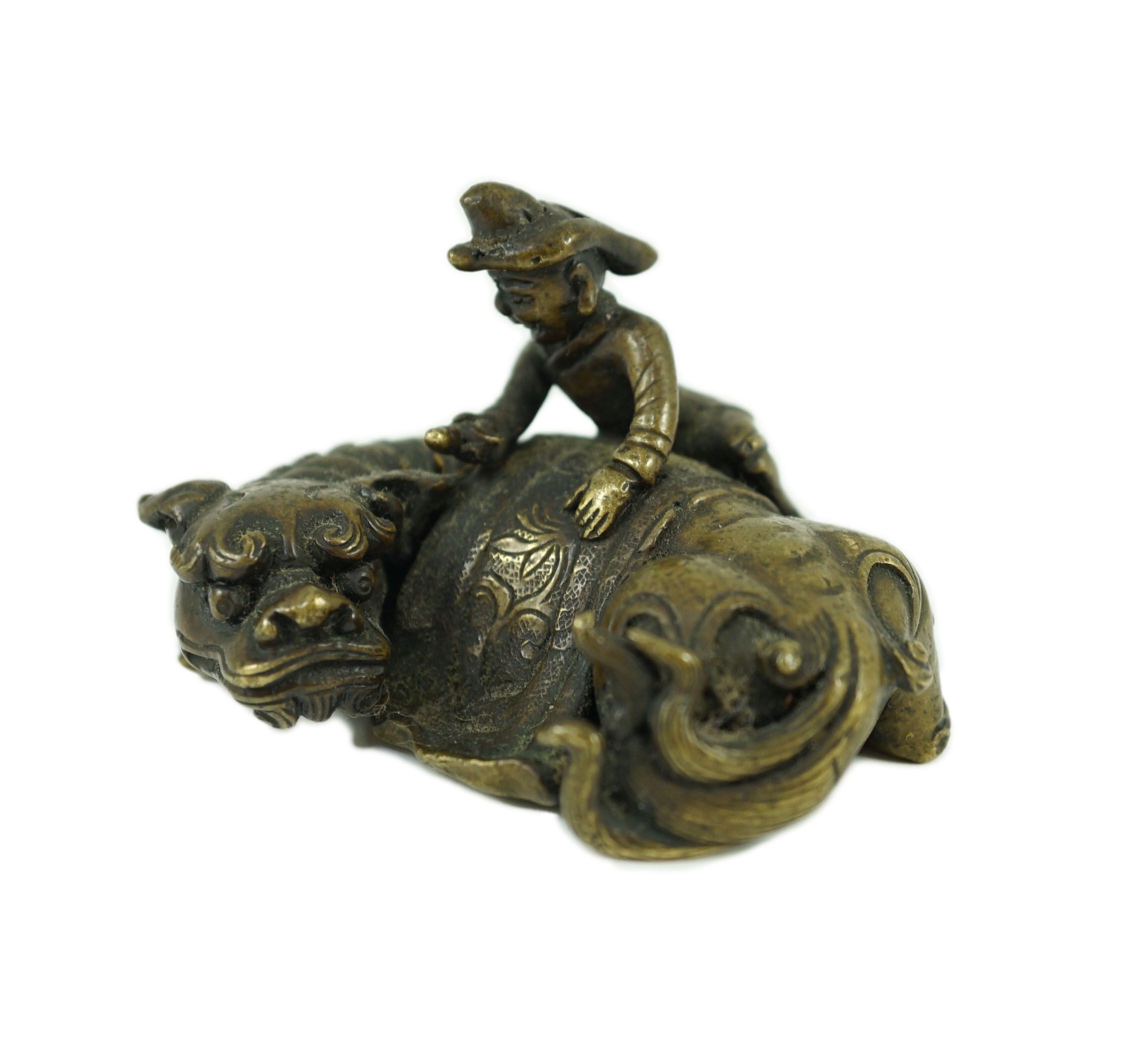 A Chinese bronze ‘Buddhist lion’ scroll weight, 17th/18th century, 6.5cm long